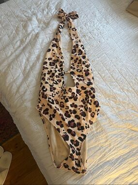 Adore Me Leopard-Print Halter One-Piece in Beige, Black, Brown